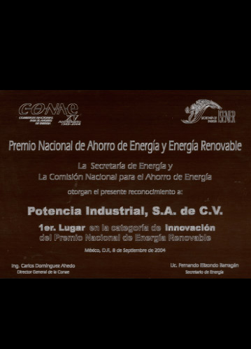 1er. lugar en Innovación del Premio Nacional de Energía Renovable